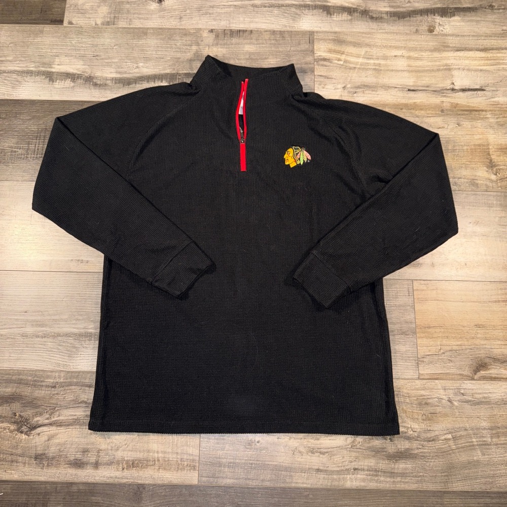 Chicago Blackhawks 1/4 Zip Pullover Mens‎ Large Black NHL Waffle Knit